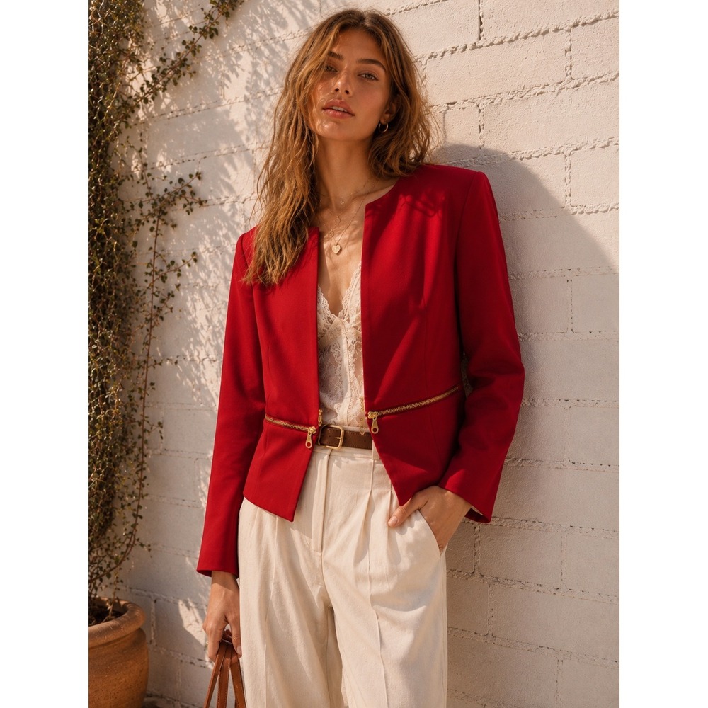 Vintage 90s Philosophy Republic Red Rayon Blend Cropped Blazer Gold Zip Jacket L